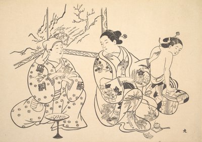 En Oiran som sitter i en salong tillämpar brandbehandlingen på en annan kvinnas blottade rygg. av Unbekannt