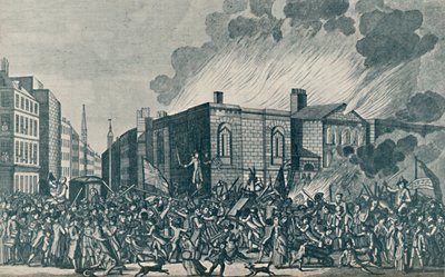 En exakt representation av bränningen, plundringen och förstörelsen av Newgate av upprorsmakarna på av Unbekannt