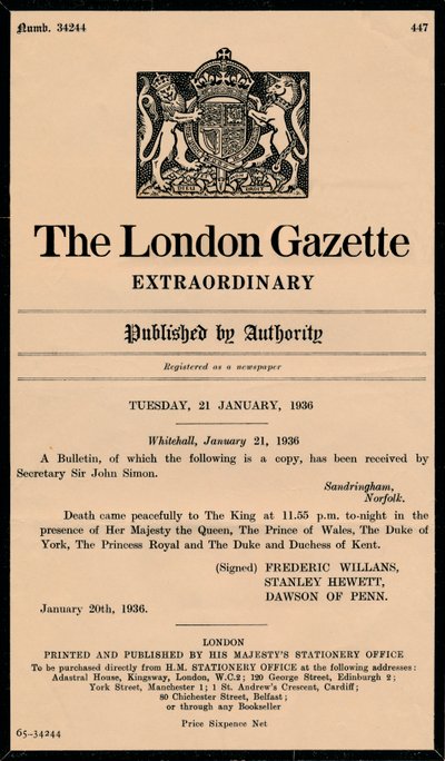 En extraordinär bulletin från The London Gazette som tillkännager kung George Vs död 1865-1936 av Unbekannt