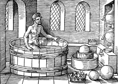Arkimedes c287-212 f.Kr., antik grekisk matematiker och uppfinnare, i sitt bad av Unbekannt