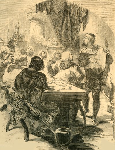 Vid en bankett av Harold får han nyheterna om normandernas invasion, c1890. av Unbekannt