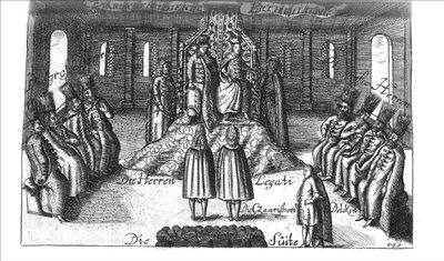 Publik med Ivan V, Peter I och Sophia Alekseyevna från Georg Adam Schleissing Derer beyden Czaaren i Reussland..., 1693 av Unbekannt
