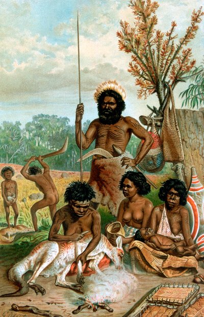 Australiska aboriginer som slaktar en känguru, 1885-1888 av Unbekannt