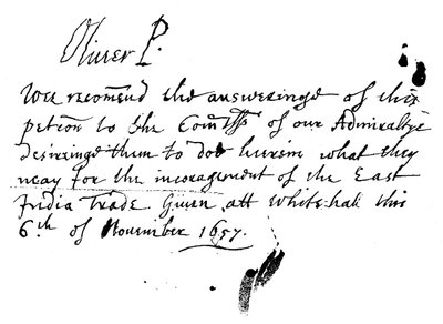 Autografanteckning av Oliver Cromwell till en framställning från Ostindiska kompaniet, november 1657, 1893 av Unbekannt