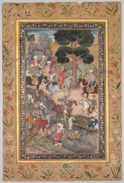 Babur möte med Sultan Ali Mirza vid Kohikfloden, från Babur-nama Memoirs of Babur, ca. 159 av Unbekannt