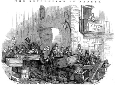 Barrikad i Strada di Toledo strax före attacken, Revolutionen i Neapel, 15 maj 1848 av Unbekannt