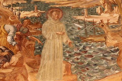 Basilica di Santa Caterina, Galatina, Apulien Fresk i klostret: Sankt Antonius predikar för fisken Målad av BrJoseph av Gravina 1696, Galatina, Italien av Unbekannt