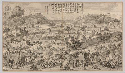 Slaget vid Tunggushi Luke: från Battle Scenes of the Quelling of the Rebellions..., ca. 1765-1774. av Unbekannt