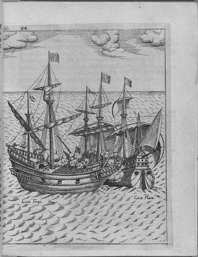 Strid mellan Francis Drakes skepp Golden Hind och det spanska skeppet Cacafuego. Från Levinus Hulsiu av Unbekannt