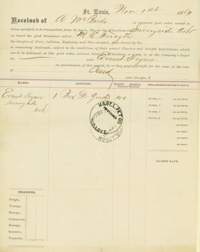 Bill of lading, steamboat M[ary] E. Forsyth, Sunnyside, Arkansas, November 1, 1864 av Unbekannt