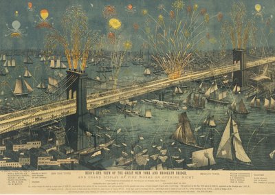 Fågelperspektiv över Great New York och Brooklyn Bridge, och Grand Show of Fireworks ..., 1883. av Unbekannt