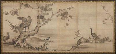 Fåglar, blommor och träd: på baksidan, bambuträd, Momoyama-perioden, 1568-1615. av Unbekannt