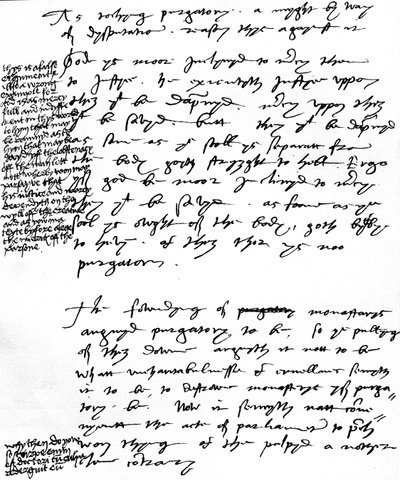 Biskop Latimers argument mot den katolska läran om skärselden med marginalanteckningar gjorda av kung Henrik VIII, ca 1538 (penna och bläck på papper) av Unbekannt