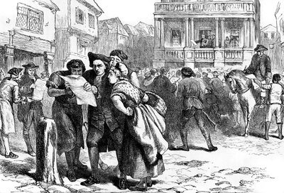 Bostonbor som läser stämpellagen, 1765 c1880 av Unbekannt