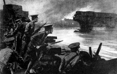 Brittiska trupper på flodstranden förberedde sig för tysk framryckning, Belgien, första världskriget, 1914 av Unbekannt