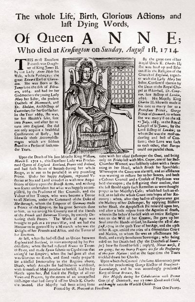 Broadside publicerad om drottning Annes död, 1714 1906 av Unbekannt