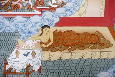 Buddhas mamma drömmer om en vit elefant. Thangka, Bhaktapur, Nepal av Unbekannt