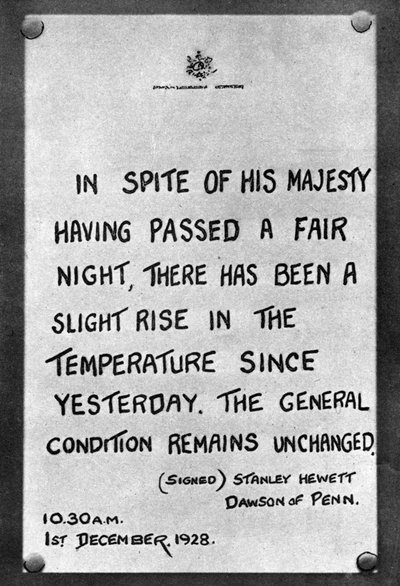 Bulletin of the Kings medicinska framsteg fäst vid palatsräcken, 1928, 1935 av Unbekannt