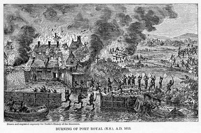 Bränning av Port Royal Nova Scotia, AD 1613, 1877 av Unbekannt