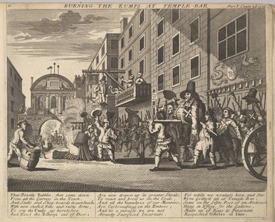 Burning the Rumps at Temple Bar Plate 11: Illustrationer till Samuel Butlers Hudibras, 1725-30. av Unbekannt