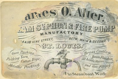 Business card of James O. Alter, steam syphon and fire pump manufactory, St. Louis, ca. 1870 av Unbekannt