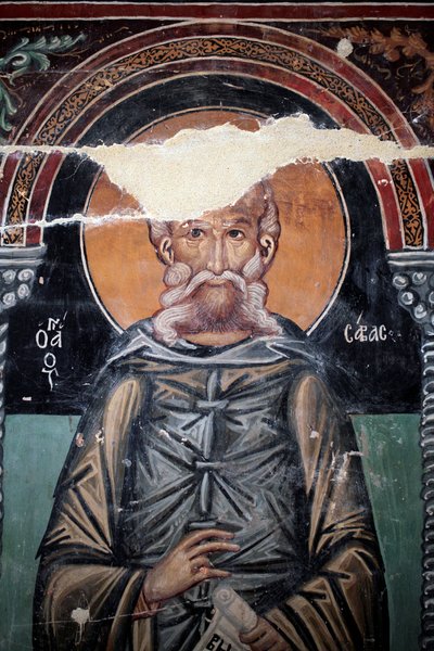 Bysantinsk fresk från 1400-talet (detalj) Saint Sabas Väggmålning Michael Archangel Chapel, Galata by Cypern Målade kyrkor UNESCO-plats Troodos, Cypern av Unbekannt