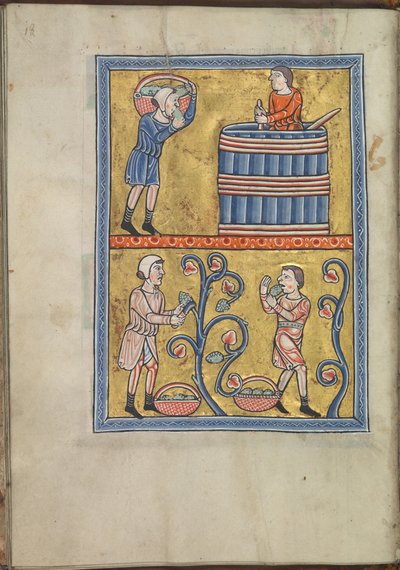 Kalender, september, män som plockar och trampar druvor - Psalter av Eleanor av Aquitaine (ca. 1185) - KB 76 F 13, folium 009v av Unbekannt