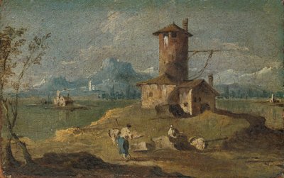 Capriccio med en ö, ett torn och hus, 1700-talet. av Unbekannt