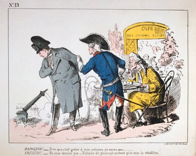 Karikatyr av Napoleon I som tittar på Colonne de Vendomes fall, Paris kommun, 1871. av Unbekannt