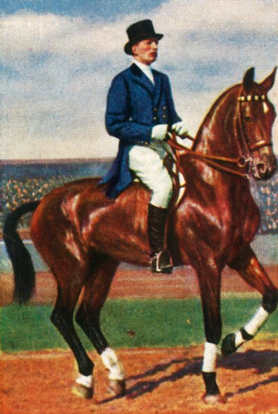 Carl von Langen från Tyskland på sin häst Daredevil, 1928. av Unbekannt
