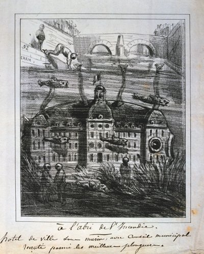 Tecknad filmförslag om att bygga om Hotel de Ville under vatten för att förhindra brand, Paris Commune, 1871. av Unbekannt