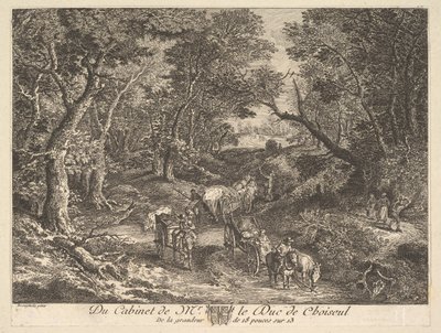 Vagnar på en väg genom skogen efter en målning i samlingen av Duc de Choiseul, 1771. av Unbekannt