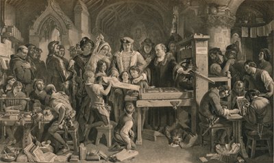 Caxton visar det första exemplaret av sitt tryck till kung Edward IV i Westminster, c1477 1905 av Unbekannt