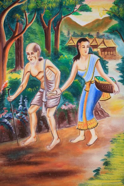 Takkonstverk som visar Buddhas liv. Wat Si Sou Mang Karam-templet. Vieng Vang. Laos, 20151102, Vieng Vang, Laos av Unbekannt