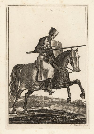 Laddande riddare från 1100- och 1200-talet i ringbrynja hauberk, platt hjälm, lans, värmesköld, shin pansar jamesons, krigssadel av Unbekannt