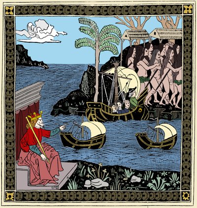 Christopher Columbus Discovering America, träsnitt, 1493 av Unbekannt