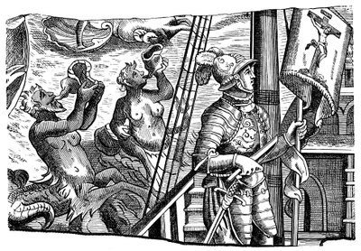 Christopher Columbus under sin resa till Amerika, Gravyr, c1500 av Unbekannt