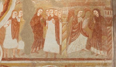 Kyrka (Église Saint-Martin). Interiör. Väggmålningar (fresk). Vagnhusets västra vägg. Detalj. Anklagelse och tillkännagivande av Jungfrun. 1100-talet. av Unbekannt