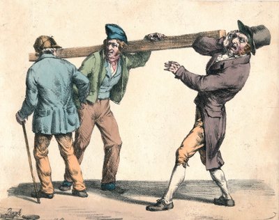 Klumpig man som bär en längd av trä, 1800-talet. av Unbekannt