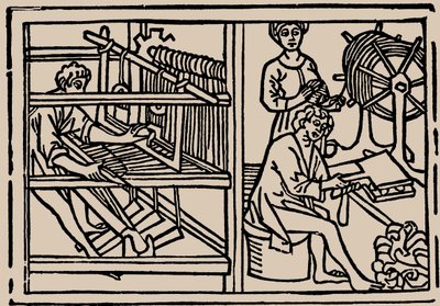 Kamning, spinning och vävning av ull. Från Speculum Vitae Humanae av Rodericus Zamorensis, 1479. av Unbekannt