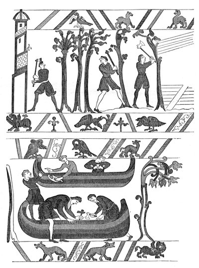 Konstruktion av båtarna för William I, Bayeux Tapestry, c1070s, 1870 av Unbekannt