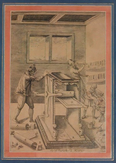 Copper Plate Printers at Work, Folio från Davis Album, Iran, daterad A.H. 1199A.D. 1784-85. av Unbekannt