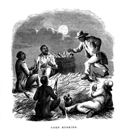 Corn Husking, svarta arbetare som skalar majs, södra USA, c1850 av Unbekannt