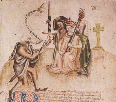 Kröning av kung Alexander III på Moot Hill, Scone. Från manuskript av Scoticronicon av Walte av Unbekannt