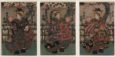 Kurtisanerna Shigeoka, Sugatano och Hanamurasaki. Triptyk. Från serien The Beautys of the Yoshiw av Unbekannt
