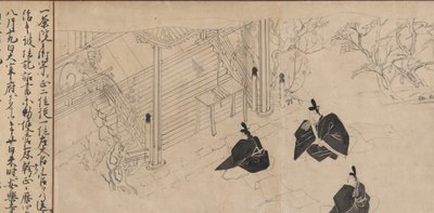 Hovmän besöker Sugawara no Michizanes bårhustempel..., ca. 1300. av Unbekannt