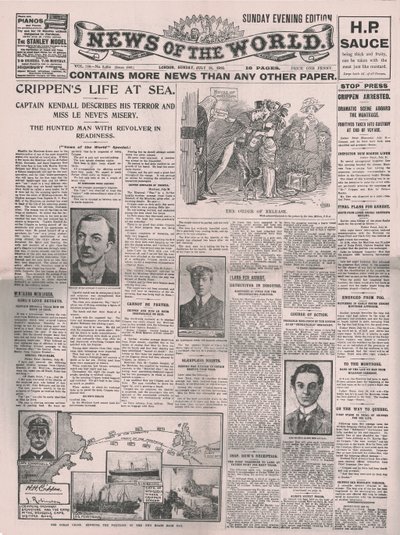 Crippens Life at Sea, förstasidan av News of the World, 31 juli 1910. av Unbekannt