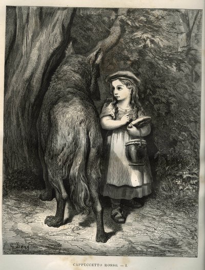 När den korsar skogen möter den lilla rödluvan vargen. Gravyr av Gustave Dore (1832-1883) från "" Les contes"" av Charles Perrault (1628-1703) av Unbekannt