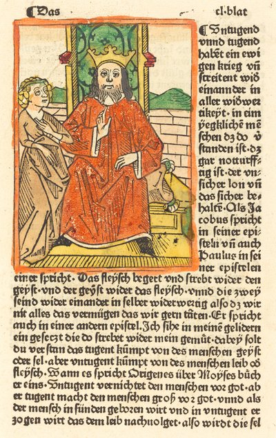 Kronad man på en tron med jungfrun stående till vänster, ca. 1479. av Unbekannt
