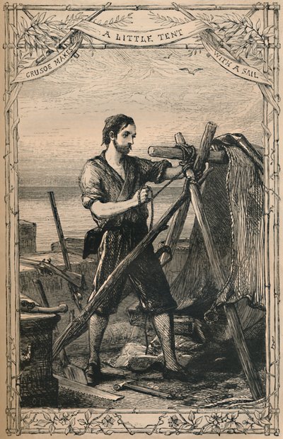 Crusoe gör ett litet tält med ett segel, c1870 av Unbekannt